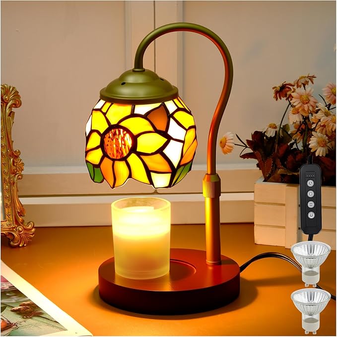 Candle Warmer Lamp - Electric Candle Lamps Timer Dimmer, Sunflower Tiffany Style Stained Glass Candle Warming Lamp Compatible with Jar Candles Gifts for Mom Friend Wax Melt Warmer for Home Decor
