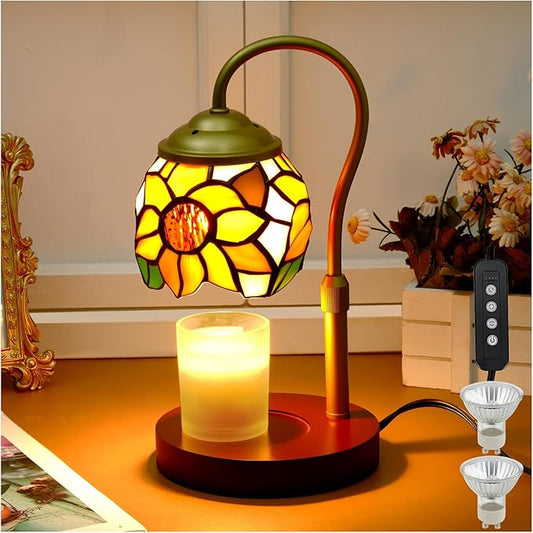 Candle Warmer Lamp - Electric Candle Lamps Timer Dimmer, Sunflower Tiffany Style Stained Glass Candle Warming Lamp Compatible with Jar Candles Gifts for Mom Friend Wax Melt Warmer for Home Decor