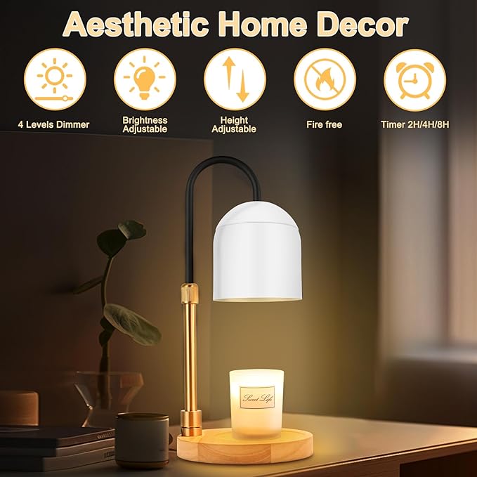 Candle Warmer Lamp with Timer & 3 Bulbs, Dimmable Electric Candles Light Adjustable Height and Brightness, Candle Wax Warmer for Jar Bedroom Home Decor House Warming Gift (Round White)