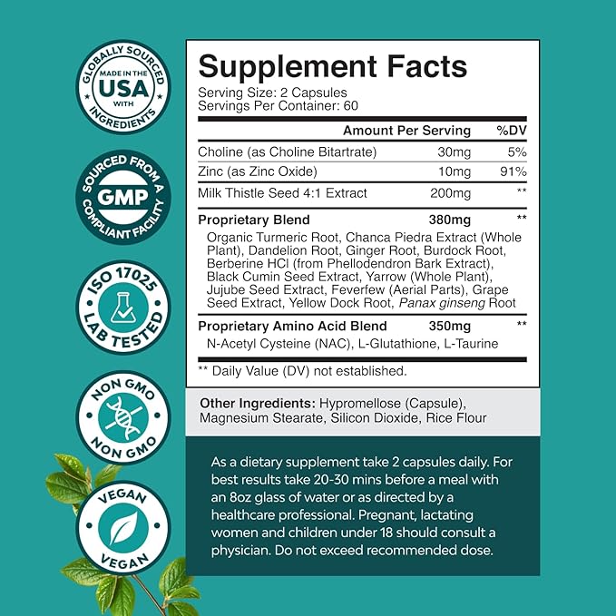 Liver Support NAC Supplement with Milk Thistle for Liver Cleanse Detox & Repair - N Acetyl Cysteine Supplement Liver Cleanse with Antioxidants, Turmeric, Choline, Dandelion & L-Glutathione - 120 Caps