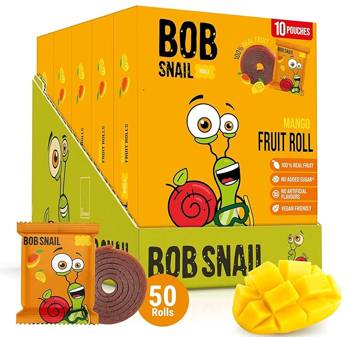 Bob Snail Fruit Roll Ups – Healthy Sweets Snacks, Real Dried Fruits, No Added Sugar, Vegan, Nut Free, Candy for Adults, Kids, with – Bulk 50 pcs Rolls, 500g (Mango)