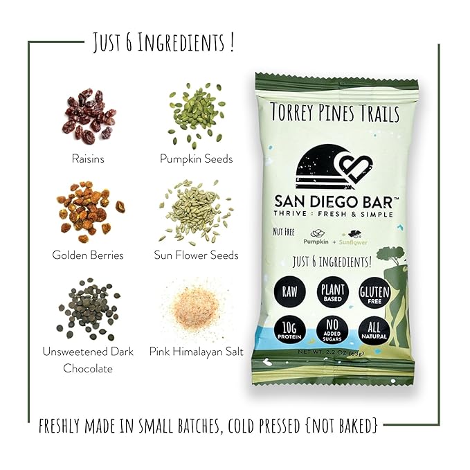 San Diego Bar | Raw, Vegan, Gluten & Soy Free Nutrition Meal Bar with No Added Sugars - 10g Protein from Only 6 All Natural Whole Food Ingredients. Torrey Pines Trails Pumpkin + Sunflower Seeds Nut Free ( 2.22 Oz Energy Bars, 12 Pack)