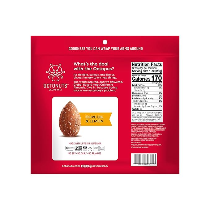 Octonuts Olive Oil & Lemon Almonds – 12 Individually Wrapped Snack Packs (1oz Each), Healthy Snacks for Adults and Kids, Non-GMO, Keto and Gluten-Free, Roasted in Cold Pressed Olive Oil