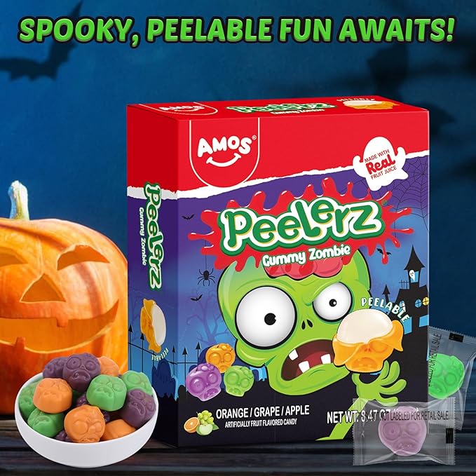 AMOS Halloween Peelerz 4D Zombie Gummy Candy Treats - Chewy & Tangy Individually Wrapped Gummies for Kids Parties Trick or Treat - Pack 240g (8.47oz)