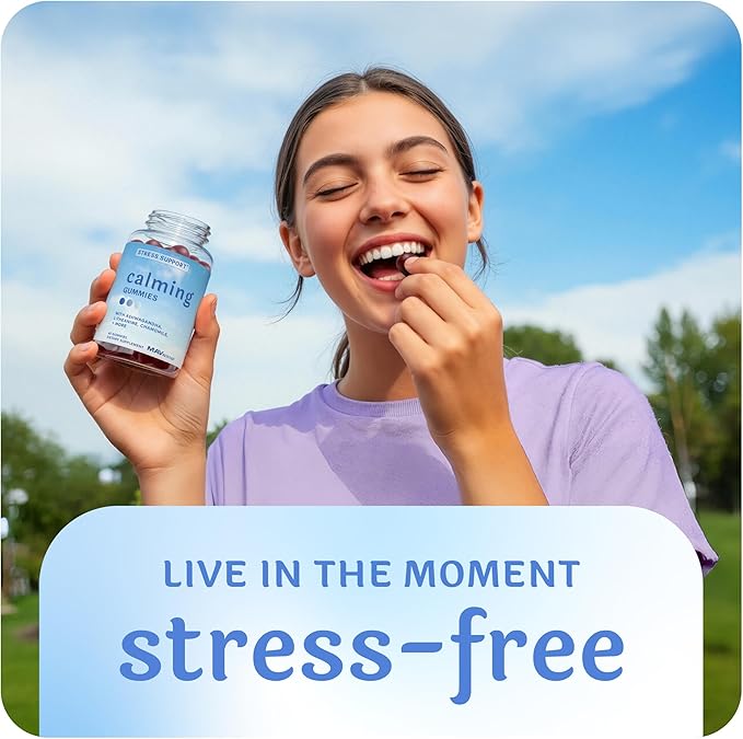 Calming Ashwagandha Gummies for Teens | Stress Relief Supplement with Theanine, GABA, Chamomile & Lemon Balm Calm Sleep Gummies | Natural Raspberry Flavor, Non-GMO, Third-Party Tested | 60 Ct