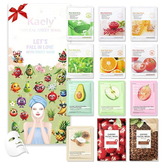 Kaely 12 Pack Variety Face Masks for Kids, Kids Face Mask Spa Day Kit Supplies, Spa Party Favors for Teens Girls Women, Sheet Facial Mask Skincare Gifts Set, Hydrating Nourish for All Skin Types, 01