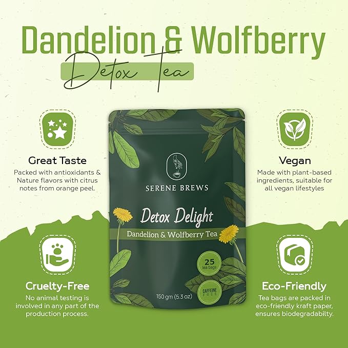 Dandelion Wolfberry Tea – Liver Cleanse, Detox & Repair, Kidney Detox – 100% Natural, Non-GMO, Premium Dandelion Root & Wolfberry Blend – 150 g (25 Tea Bags)