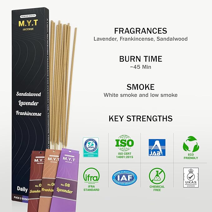 M.Y.T Natural Incense Sticks – Sandalwood, Lavender, Frankincense – Long-Lasting, Low Smoke – Relaxation, Meditation, Odor Removing – 60 Sticks