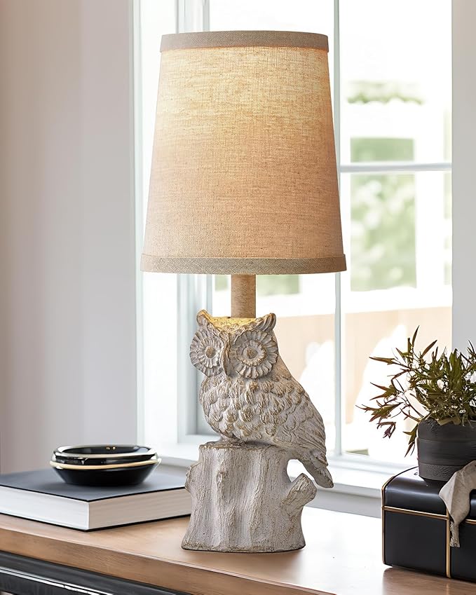 14.25" Small Table Lamp for Living Room Farmhouse Bedside Resin Single Lamp with White Owl Lamp Shape for Bedroom Retro Rustic Nightstand Lamp