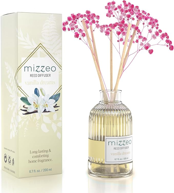 MIZZEO Reed Diffuser Set, Vanilla Dreams 6.76 fl oz Highly Scented Room Diffuser Home Fragrance Essential Oil Reed Flower Diffuser, House Bedroom Office Decor & Gifts