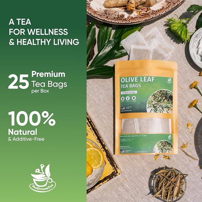 Olive Leaf Tea Bags – 25 Bags (Premium Dried Olive Leaf Tea - 25 Count), Natural Extract Caffeine-Free Herbal Tea for Health & Immune Support