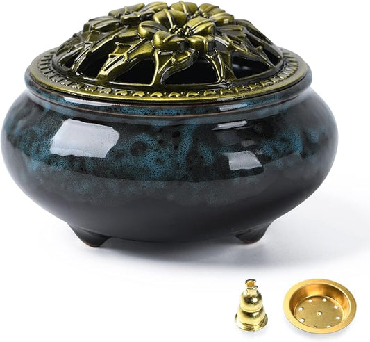 Ceramic Incense Burner with Incense Holder+Spacer Layer+Fireproof Cotton,Handmade Smudging Burn Bowl for Stick or Coil Incense,Sage Cones and Frankincense (Dark Blue)