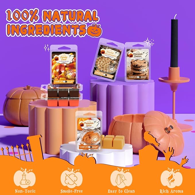 Halloween Scented Wax Melts, 8 Pack Soy Wax Cubes for Wax Warmer, Strong Fragrance Tarts - Candy Corn, Spice Cider, Cinnamon Sugar, Roasted Marshmallows and More, Candle Wax Melts Gift Set