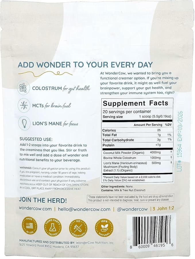 WonderCow Bovine Colostrum Superfood Creamer Supplement Powder w/Organic Lions Mane Mushroom & Coconut Milk Powder MCTs | Functional Sugar Free Keto Coffee, Smoothie & Drink Mix Unsweetened