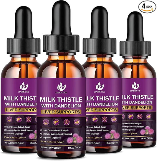 (4 Pack) Milk Thistle Supplement for Liver Cleanse Detox & Repair, Liver Detox Drops with Organic Milk Thistle Seed, Artichoke Extract, Dandelion, Turmeric and Vegan, Non-GMO, Gluten-Free, 1 Fl Oz