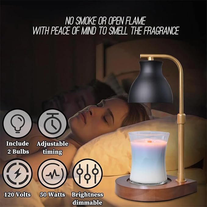 SOKCVSEA Candle Warmer Lamp - Candle Lamp Warmer with Timer Height Adjustable, Birthday Gifts for Mom Women, House Warming Gifts New Home Decor, Wax Melt Warmer with 2 Bulbs G.Black Gold