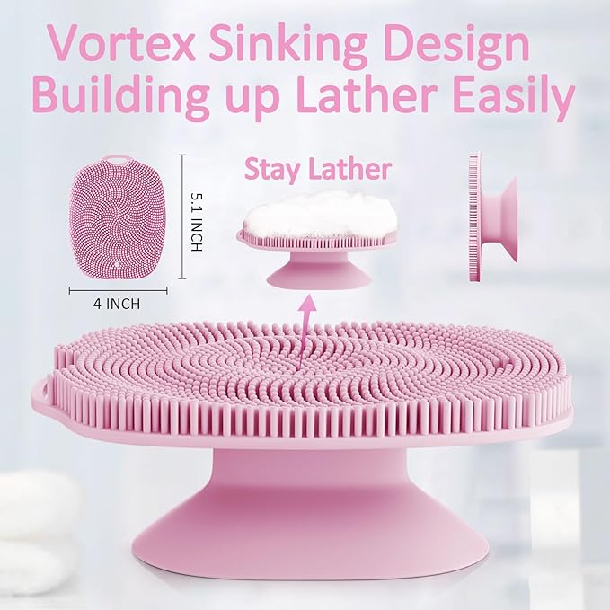 Soft Silicone Body Scrubber Gentle Like a Hand Exfoliating Your Skin and Build Up Lather Easily, Back Large Suction Cup Easy to Store, Long-Lasting & Deep Clean (Pink)