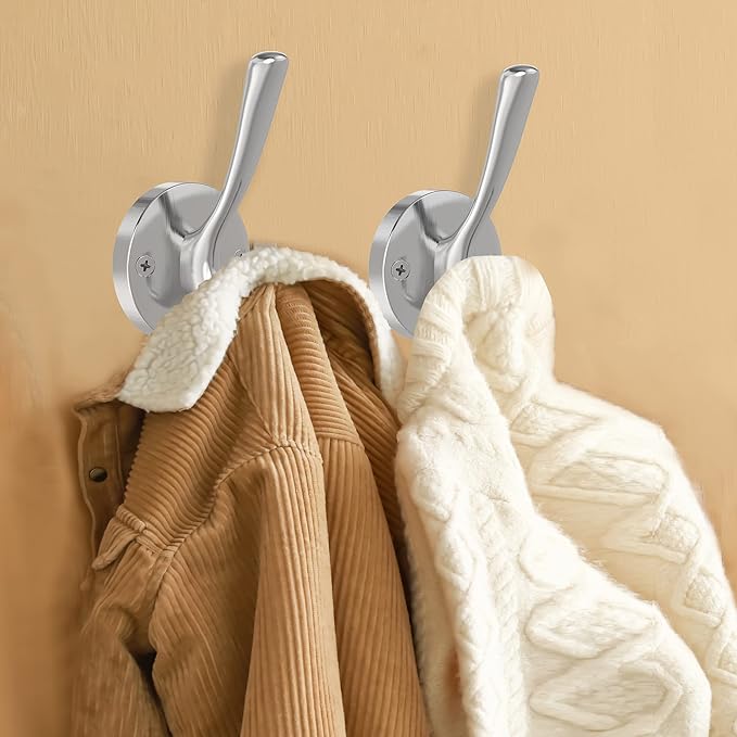 Brushed Nickel Wall Hooks Towel Hooks, 2 Pack Coat Robe Hook Heavy Duty Bathroom Double Hook Wall Mounted, Hand Towel Hooks for Closet Entryway Cubicle Kitchen
