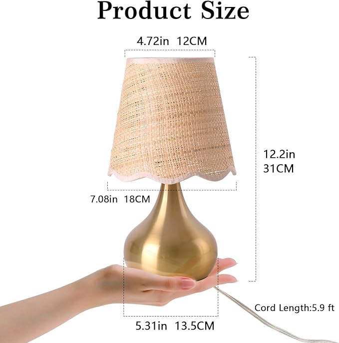 Gold Small Bedside Table Lamp for Bedroom, Brass Gold Mini Table Lamps for Nightstand, Rattan Shade Table Lamps for Small Spaces for Kitchen Counter, Bookshelf, Bedroom, Living Room, Kids Dorm