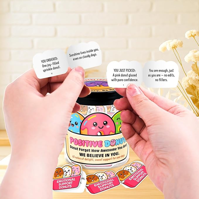 Emotional Support Donut – Funny Donut Gifts For Women, Kid - 60 Positive Donut Daily Affirmation Cards Jar – Inspirational Gifts for Women - Self Care Gift for Coworkers, Teens, Friends, Boss