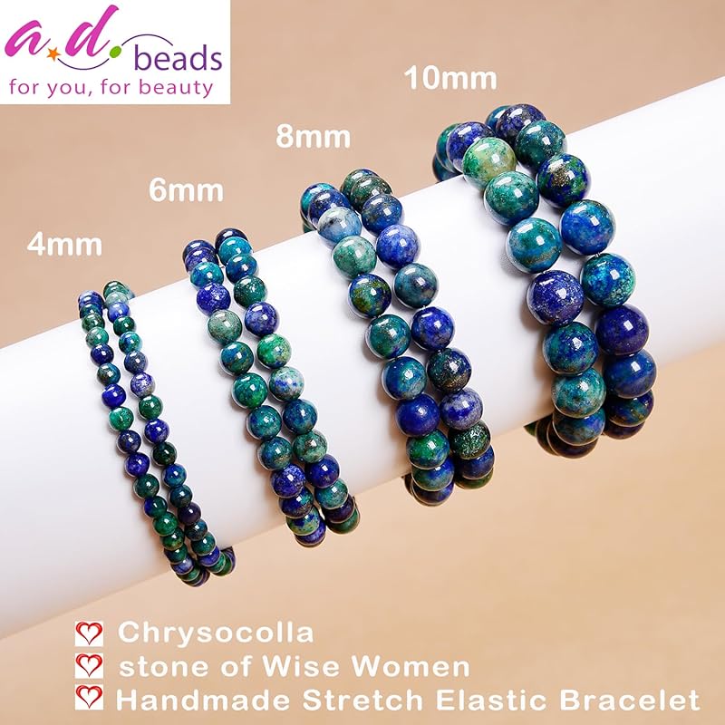 AD Beads Handmade Gemstone Stretch Elastic Bracelet Crystal Healing Reiki Nature's Beauty and Spiritual Essence Unisex (8mm, Chrysocolla (Wise Women))