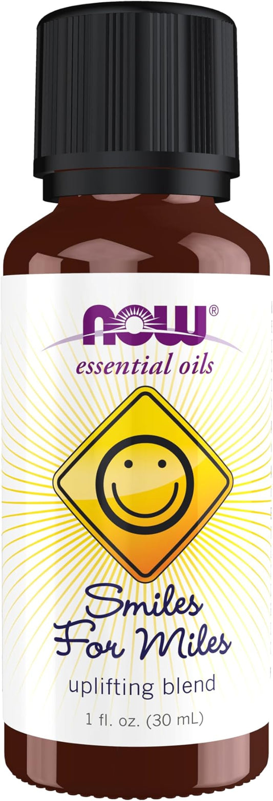 NOW Essential Oils, Smiles for Miles Aromatherapy Blend, Refreshing Aromatherapy Scent, Blend of Pure Essential Oils, Vegan, Child Resistant Cap, 1-Ounce