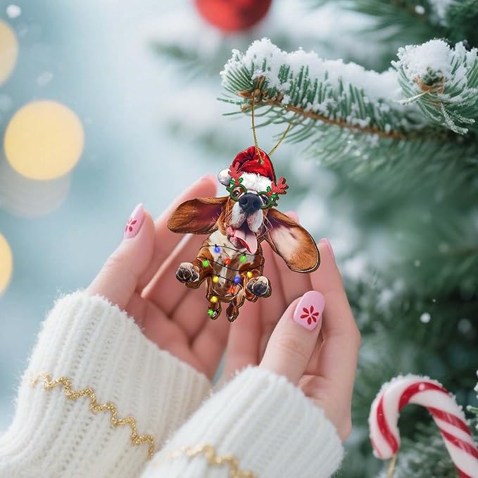 Basset Hound Christmas Tree Keepsake Ornaments, Funny Dogs Themed 2 Side Printed Flat Wooden Ornament, Xmas Hanging Decor