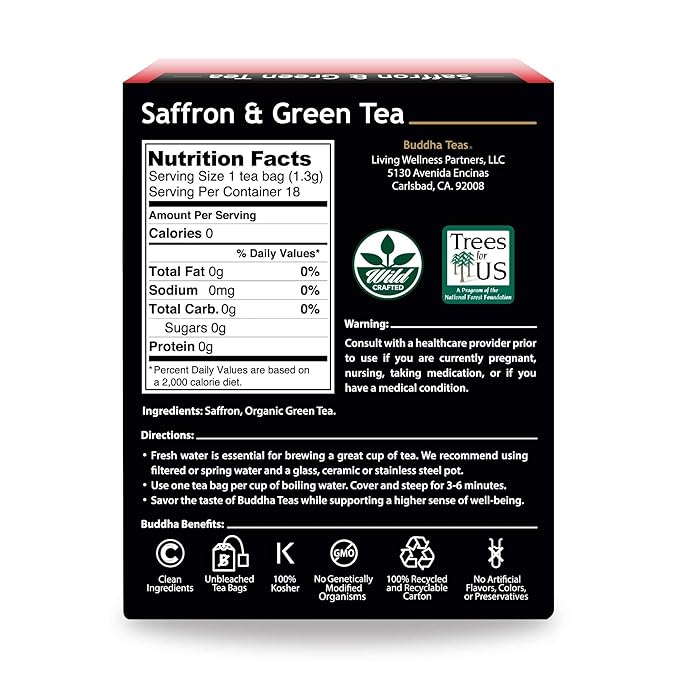 Buddha Teas - Saffron & Green Tea - For Health & Wellbeing - Wild Crafted Tea - With Antioxidants & Minerals - Clean Ingredients - Caffeinated - OU Kosher - 18 Tea Bags (Pack of 1)