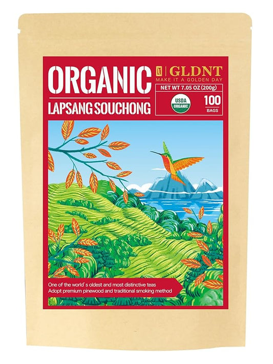 GLDNT Organic Lapsang Souchong Tea Bags, Organic Smoked Black Tea, Caffeinated, Full-Bodied Taste, Hot & Iced Tea, 100 Count