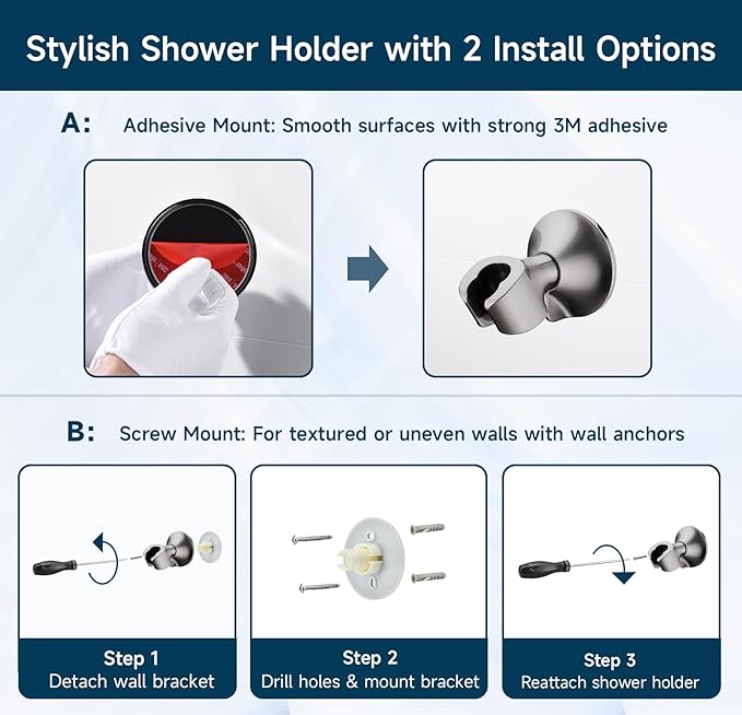 BRIGHT SHOWERS Strong Adhesive Shower Head Holder with Dual Angle Adjustable, Wall Mounted Handheld Shower Bracket, Easy Installation, Screw Mounting Options, Brushed Nickel