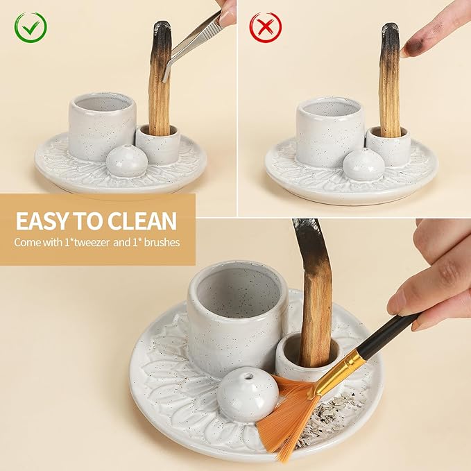 Palo Santo Sticks Holder, Multi-Purpose Handmade Ceramic Incense Burner for Palo Santo Incense Sticks, Sage Holder for Burning, Ash Catcher Tray for Meditation Yoga Room (Spotted White)
