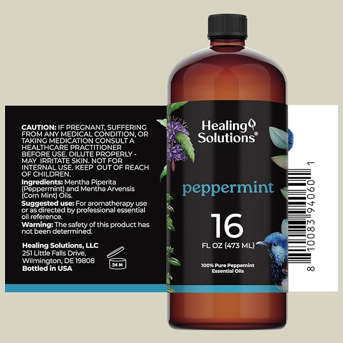 Healing Solutions Pure Peppermint Essential Oil - 16oz Bulk - 100% Pure Mint Oil for Hair, Spray, House Cleaning & Diffuser