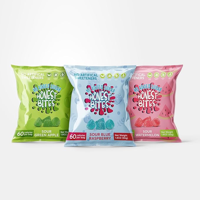 Honest Bites Sour Variety Gummy Candy - No Added Sugar, Gluten Free, Vegan, Dye Free, Healthy Snacks for Kids & Adults, Keto Snacks, Low Calorie, 6-Pack
