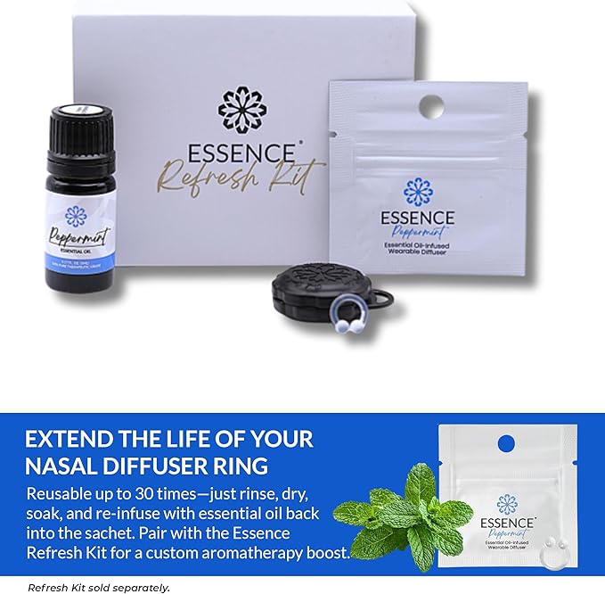 Essence Wearable Aromatherapy Nasal Diffuser – Peppermint Essential Oil Nose Ring Silicone Inhaler for Stress & Mood Support - Made in USA & Travel-Friendly (3 Pack)