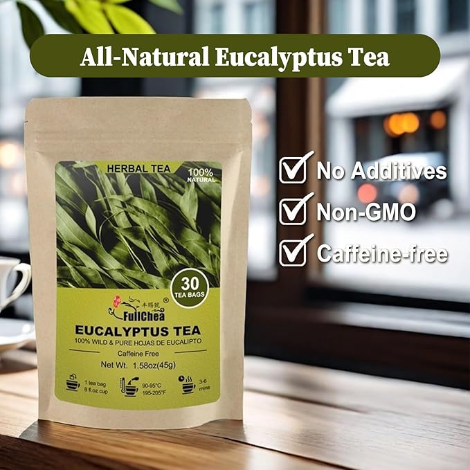 FullChea - Natural Eucalyptus Tea Bag 30 Teabags, 1.5g/bag - Premium Hojas de Eucalipto - Non-GMO - Caffeine-free - Boost Respiratory Health