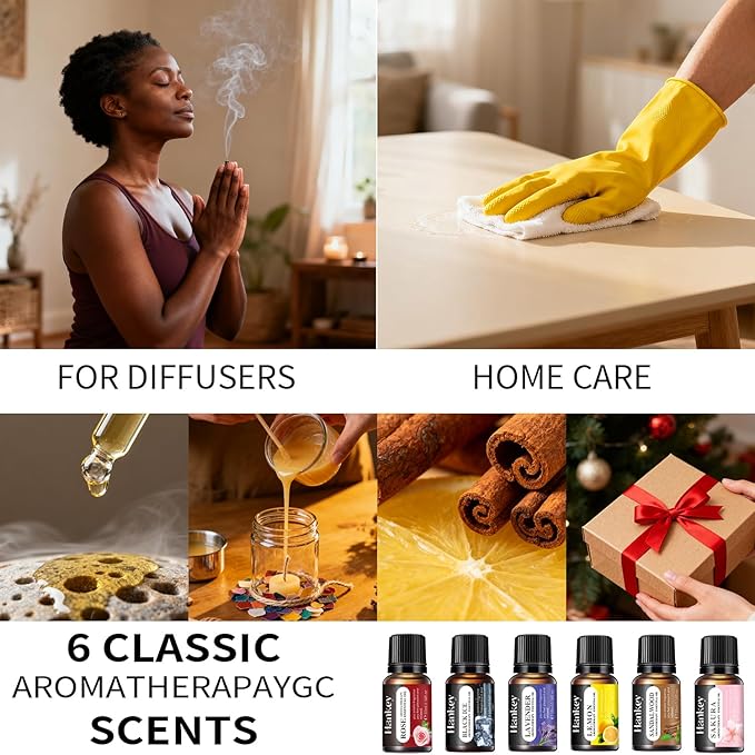 Essential Oils Set - Top 6 Blends for Diffusers, Home Care, Candle Making Scents, Fragrance, Aromatherapy, Humidifiers, Rose,Black Ice,Lavender,Lemon,Sandal Wood,Sakura (10mL)