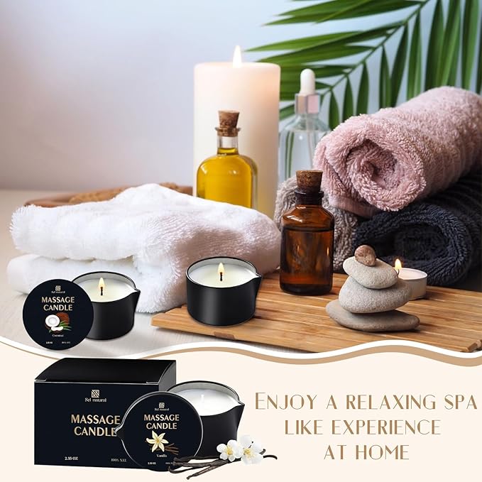 3 Pack Massage Oil Candles 2.35oz Low Temp Massage Candles 3 Scent Vanilla, White Tea, Coconut Spa Therapy Body Oil Home Gift for Relaxation, Couples, or Self-Care (Vanilla, White Tea, Coconut)
