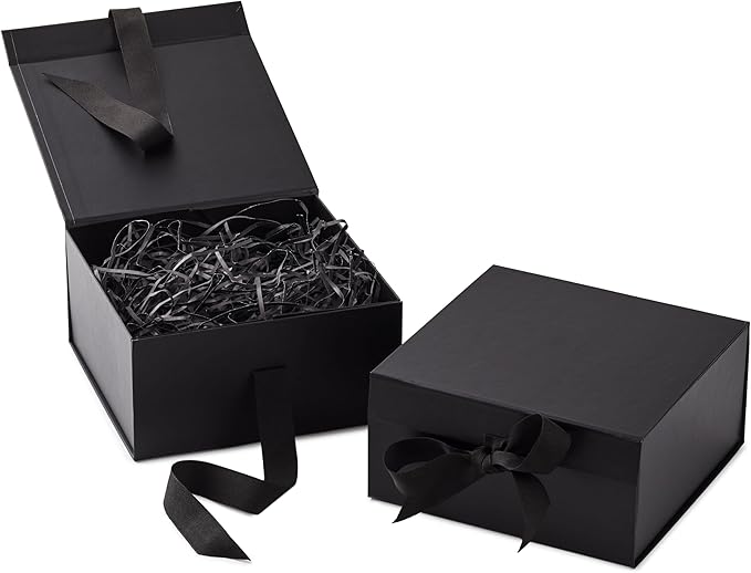 Hallmark Medium Gift Boxes with Bow and Shredded Paper Fill, Pack of 2 (Black 8 inch Box) for Weddings, Graduations, Birthdays, Father's Day, Groomsmen Gifts, All Occasion