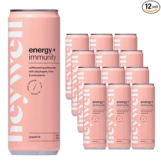 Heywell Sparkling Adaptogenic Water, Energy and Immunity, Grapefruit Flavor, 12 Fluid Ounce (Pack of 12) - Caffeinated, Organic, Non GMO, Vegan, Gluten Free, Dairy Free