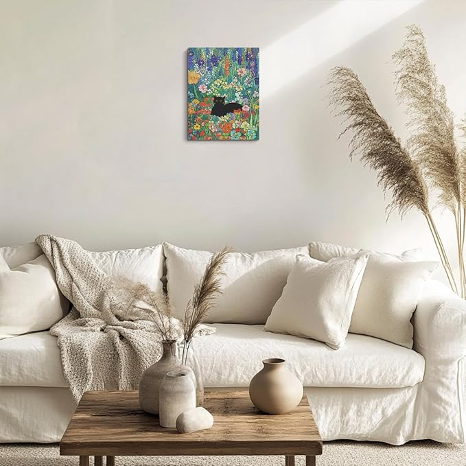 HZMLYDJ Cute Garden Cat Wall Art Garden Flowers Cat Aesthetic Design Posters Vintage Canvas Wall Art for Room Bedroom Living Room Bathroom Decor, Trendy Paintings Aesthetic Cats Lovers Decoration