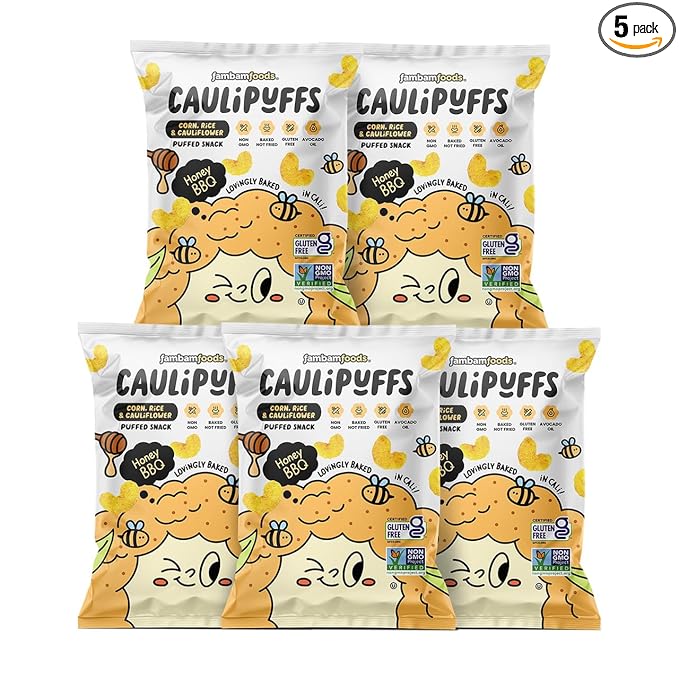 CauliPuffs - Corn, Rice, and Cauliflower Gluten Free Puffed Snack (5 x 3.0oz Bags, Honey BBQ)