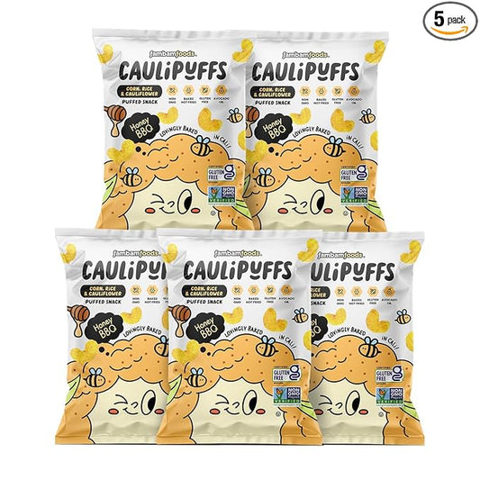 CauliPuffs - Corn, Rice, and Cauliflower Gluten Free Puffed Snack (5 x 3.0oz Bags, Honey BBQ)