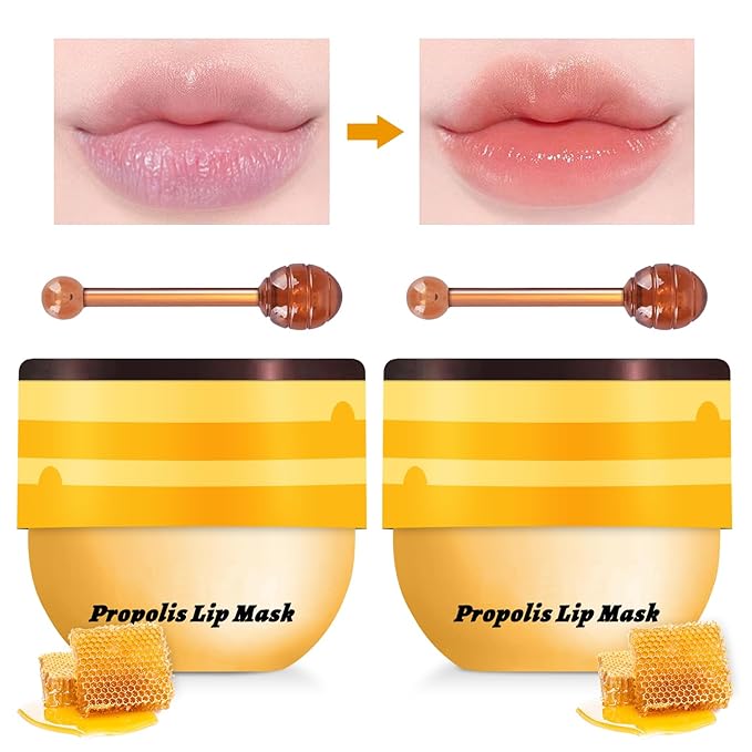 2PCS Lip Mask Overnight, Honey&Strawberry Moisturizing Repair Sleeping Lip Balm, Fade Lip Lines Bee Lip Balm, Hydrating &Prevention Dry and Crack Lip Scrubs Exfoliator (Honey & Honey)