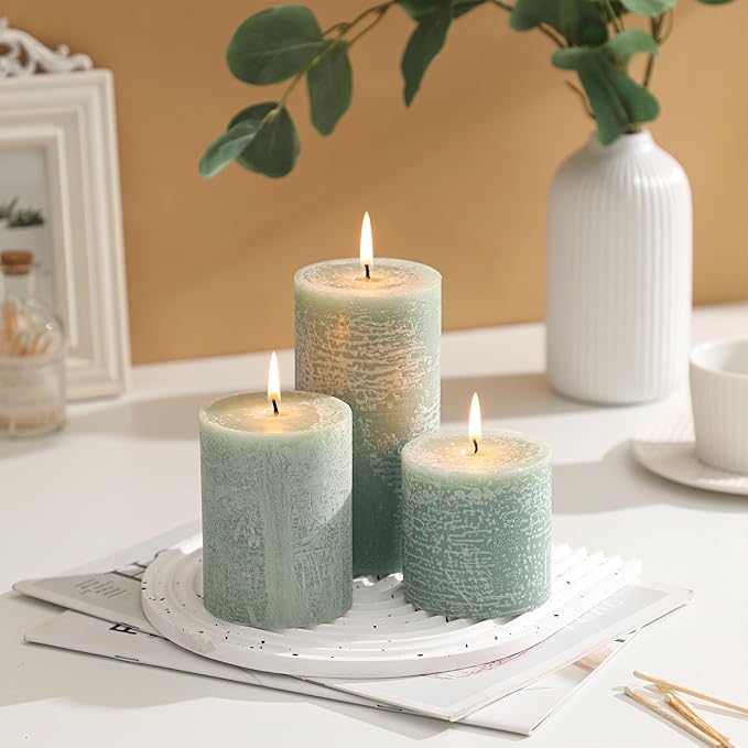 3x3 Inch Sage Green Pillar Candles Set of 3 - Unscented Spring Candles, Long Clean Burning, Large Big Candles, Smokeless Dripless Candles for Spring Home Decor, Dinner Table, Bathroom, Rustic Decor