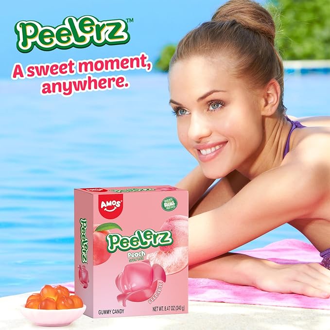 AMOS Peelerz Peach Gummy Candy, Peelable Fruit-Shaped Candy, 10 Snack Packs in Box, Chewy Peach Flavor Treat for Kids and Adults, 240g Box (8.47oz)