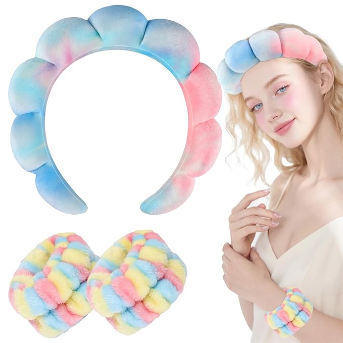 Zkptops Spa Headband for Washing Face Wristband Set Sponge Makeup Skincare Velvet Fabric Bubble Soft Get Ready Hairbands for Women Puffy Headwear Non Slip Thick Thin Hair Accessory (Pink Tie Dye)
