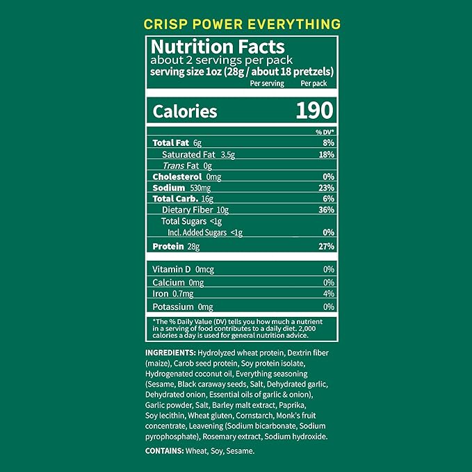 Crisp Power Protein Pretzels, Everything, High Protein Vegan Keto Snack, 28 G Plant Based Protein, Low Carb Crunchy Pretzel Snacks, Sugar Free, No Seed Oils, 1.75 oz Bags, 6 Pack