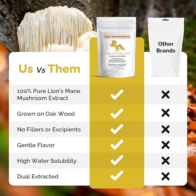 Addictive Wellness Lions Mane Supplement Powder, Premium Quality Lions Mane Mushroom Powder Dual-Extract Nootropic, Sugar Free, Vegan & Paleo Friendly Lion's Mane Mushroom Supplement - 1500 mg