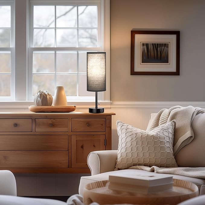 Black Bedside Lamps for Bedroom Set of 2 - Nightstand Table Lamp with USB Charging Port, Pull Chain Night Stand Light, Side Table Desk Reading Lamp for Living Room/Dorm/Bathroom/Kitchen