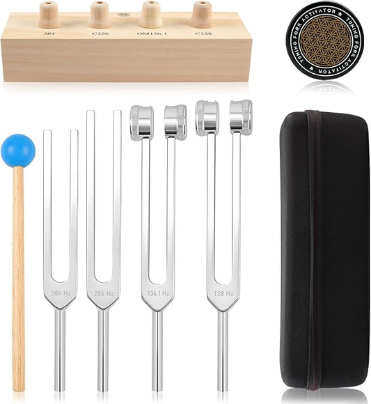 Tuning Forks for Healing Set – Includes 128Hz, 136Hz, 256Hz, 384Hz, & Activator, Bamboo Base, Rubber Hammer, Portable in Black Luggage – Sound Healing Instruments for Chakra, Yoga, and Meditation
